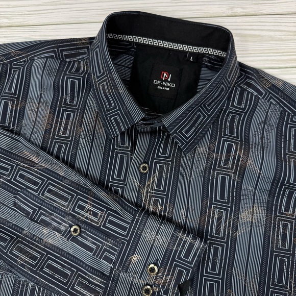 De-Niko Other - De-Niko Milano Men’s Large Blue Print Long Sleeve‎ Button Down Dress Shirt Artsy